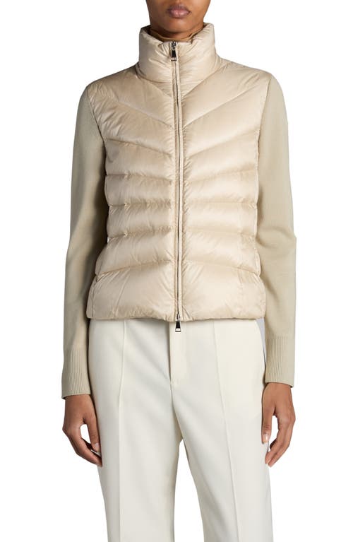 Shop Moncler Quilted Down & Wool Knit Cardigan In Beige