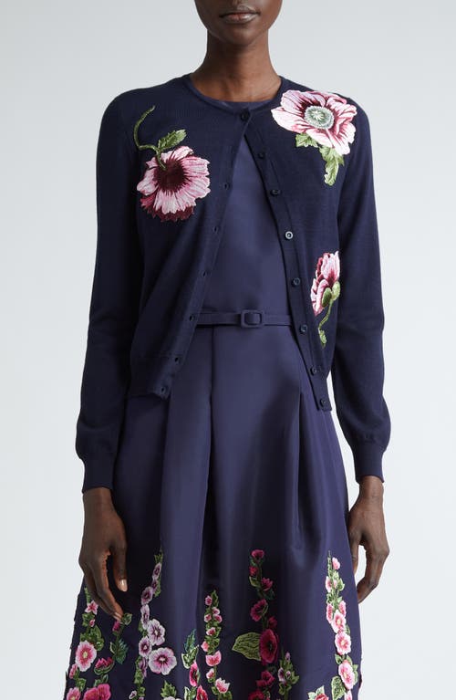 Oscar De La Renta Embroidered Poppy Wool Cardigan In Blue