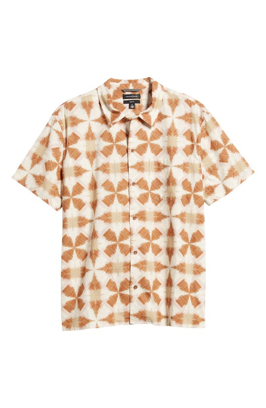 Shop Treasure & Bond Trim Fit Geo Print Short Sleeve Linen & Cotton Button-up Shirt In Ivory- Tan Ikat Patchwork