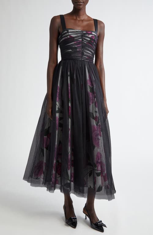 Erdem Floral & Tulle Overlay Midi Cocktail Dress In Wisteria/white