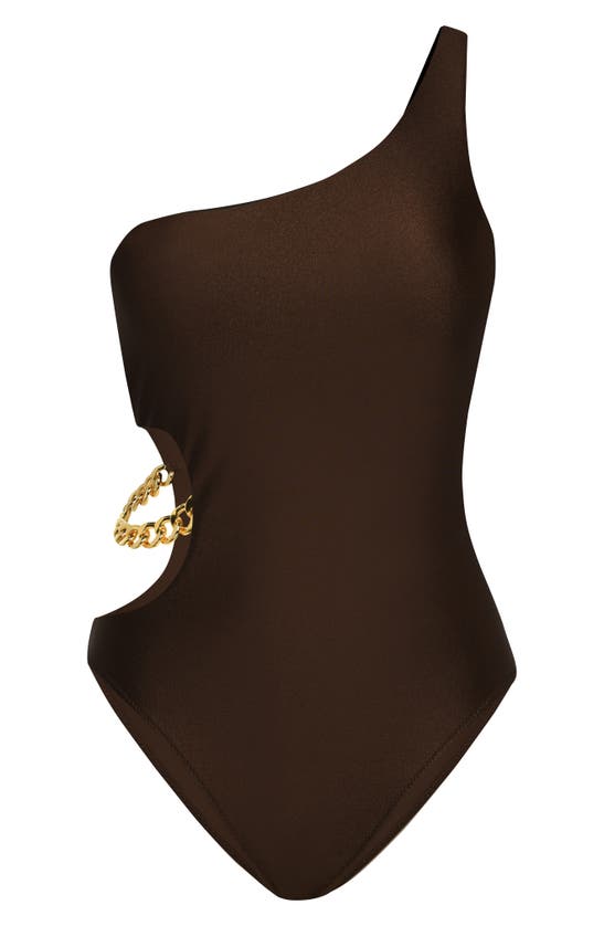 Shop L Agence Ava Cutout Chain One-shoulder Underwire One-piece Swimsuit In Chocolate