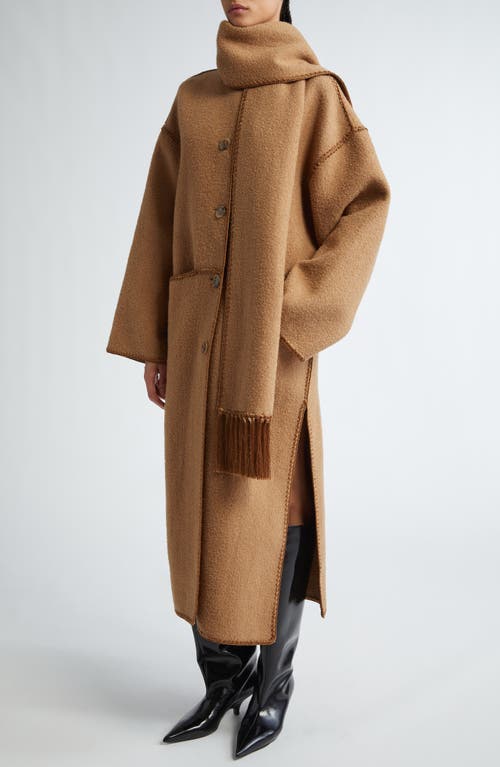 Shop Totême Toteme Embroidered Scarf Wool Blend Coat In Camel