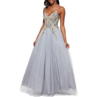 Betsy & Adam Sequin Embroidered Tulle Ballgown, Grey