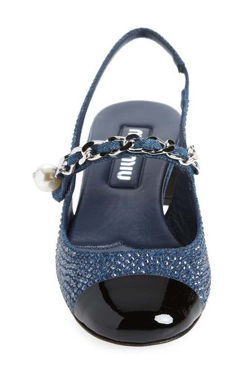 Shop Miu Miu Chain Crystal Embellished Slingback Cap Toe Pump In Denim/black