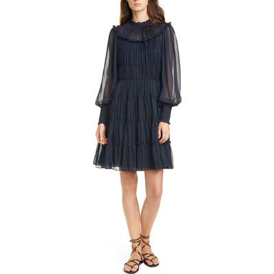 Ulla Johnson Emmeline Shirred Long Sleeve Silk Dress, Blue