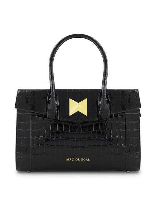 Mac Duggal Gold Plated Hardware Crocodile Embossed Leather Tote Bag In Black