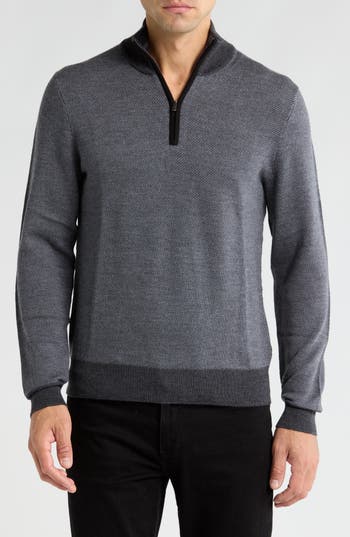 Bruno Magli Merino Wool Two-tone Twill Quarter-zip Pullover In Charcoal Grey