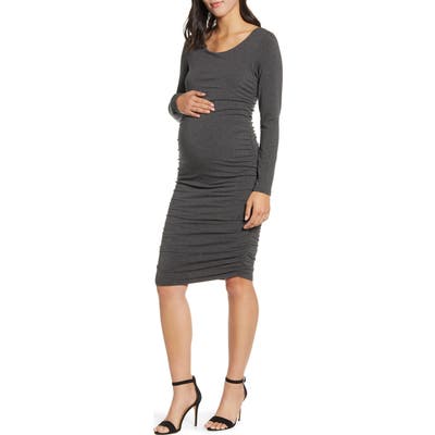 Angel Maternity Long Sleeve Ruched Body-Con Maternity Dress, Grey