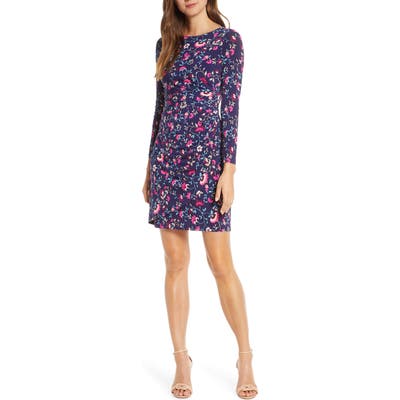 Petite Eliza J Long Sleeve Floral Faux Wrap Dress, Blue
