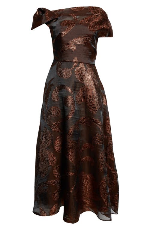 Shop Lela Rose Evelyn Asymmetric Neck Metallic Jacquard Dress In Chestnut