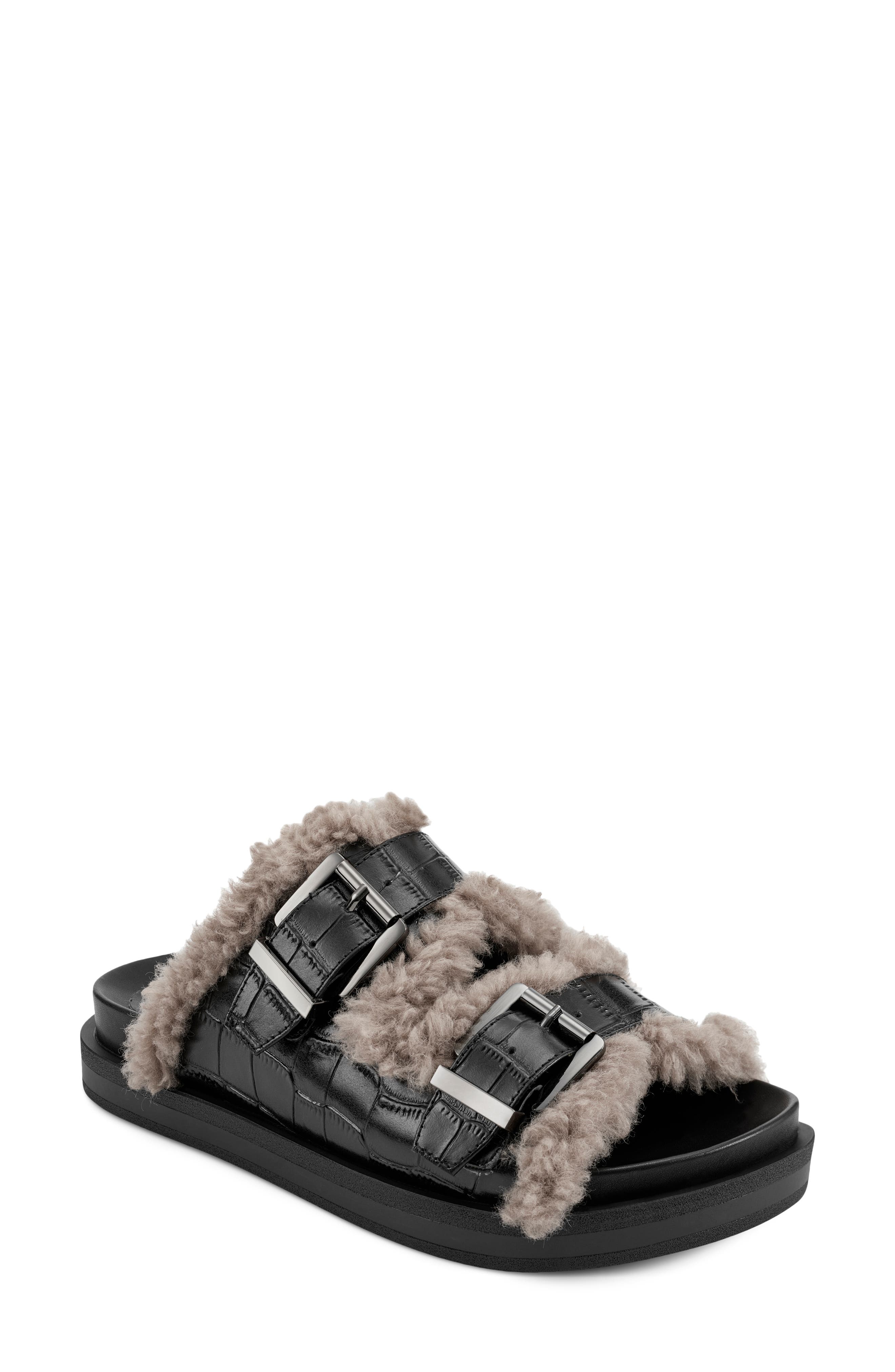 Aerosoles Olivia Faux Fur Double Strap Sandal In Black Croc