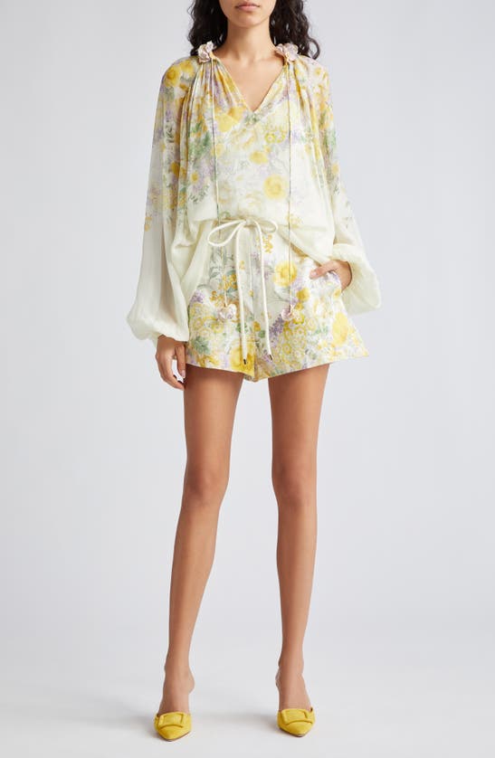 Shop Zimmermann Natura Floral High Waist Belted Linen Shorts In Citrus Garden Print