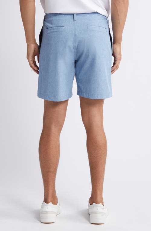 Shop Zella 7-inch Flat Front Stretch Chambray Shorts In Blue Coronet