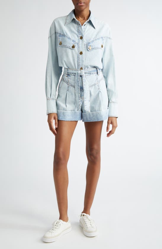 Shop Zimmermann Belted Pleated Denim Shorts In Blue Smoke