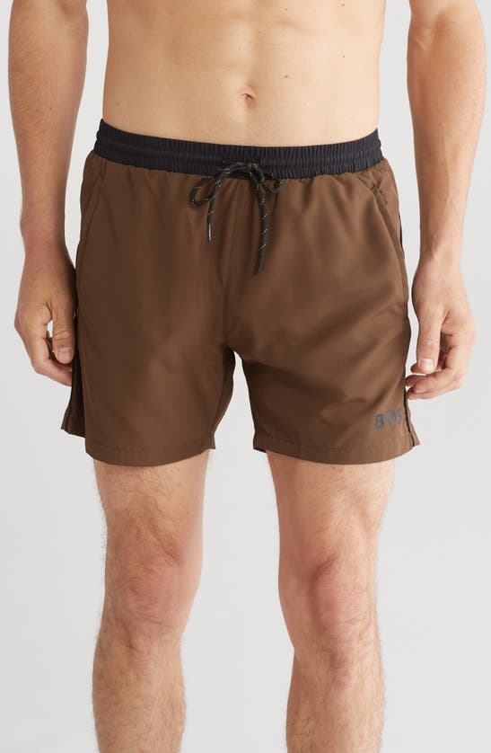 Hugo Boss Starfish Recycled Polyester Swim Trunks In Olive Brown