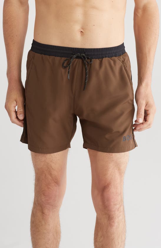 Hugo Boss Starfish Recycled Polyester Swim Trunks In Brown