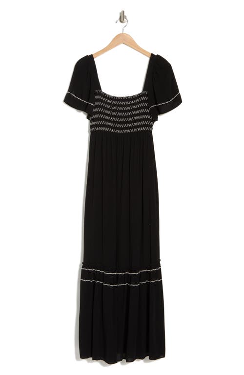 Shop Lovestitch Smocked Contrast Stitch Maxi Dress In Black/ivory