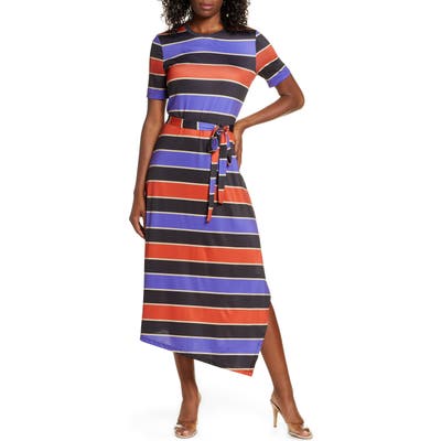 Charles Henry Stripe Belted Asymmetrical Midi Dress, Black