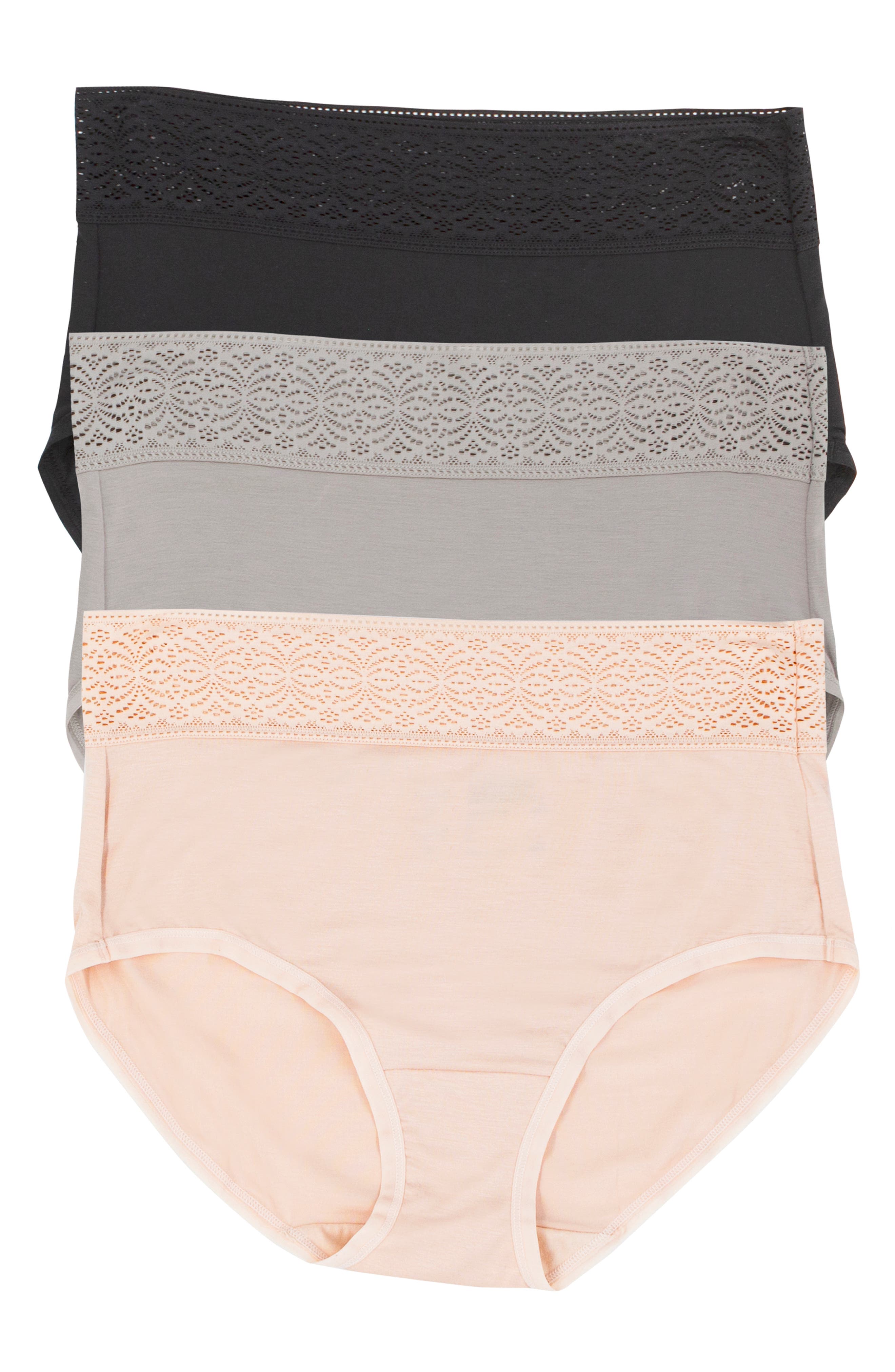 Felina Serene 3-Pack Lace Trim Briefs in Black/Gull/Peach Blush 