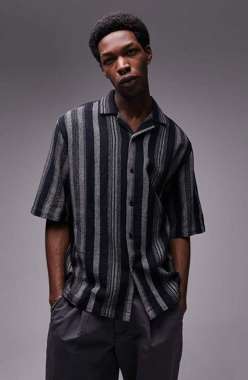 Topman Oversize Textured Stripe Camp Shirt Black at Nordstrom,