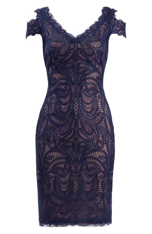 Shop Tadashi Shoji Cold Shoulder Lace Cocktail Dress In Navy/nude