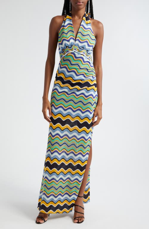 Alia Mulitcolor Wave Jacquard Halter Maxi Dress in Multicolor Wave Knit
