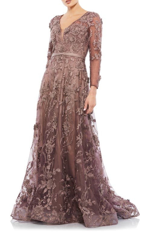 Mac Duggal Long Sleeve Floral Appliqué Mesh Gown in Chocolate at Nordstrom, Size 8