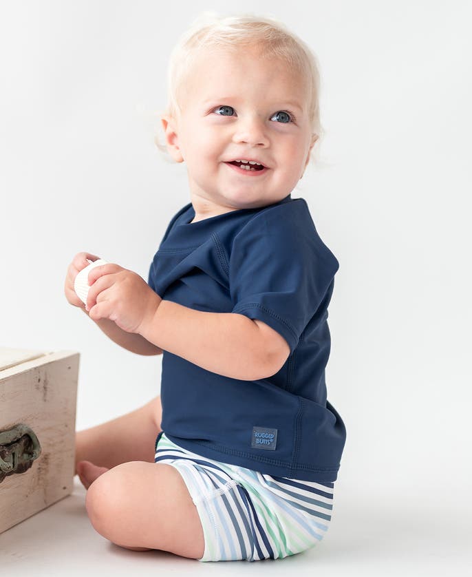 Shop Ruggedbutts Boys Upf50+ Swim Shorties In Coastal Stripes