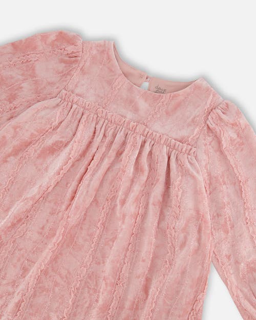 Deux Par Deux Girl's Long Sleeve Velvet Dress With Frills Light Pink In Silver Pink