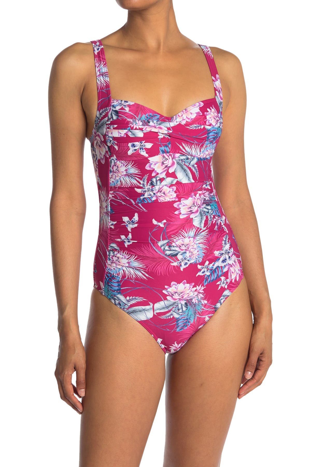 Sea Level Twist Front Floral Print One-piece Swimsuit In Dark Red