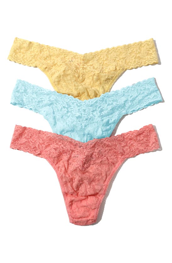 Shop Hanky Panky Assorted 3-pack Lace Original Rise Thongs In Buttercup, Celeste Blue, Balle