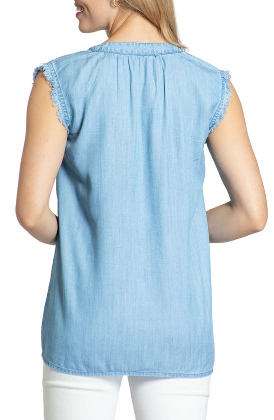 Apny Sleeveless Fringed Chambray Top In Light Indigo