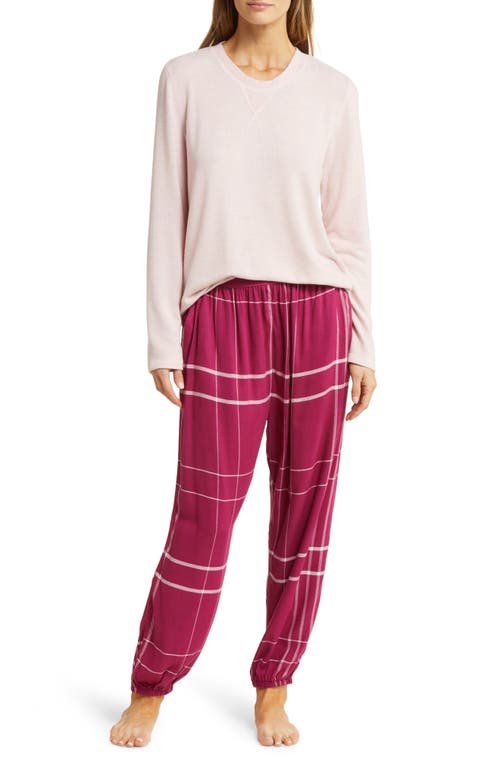 Feather Soft Top & Plaid Jogger Pajamas in Dark Raspberry/Pink