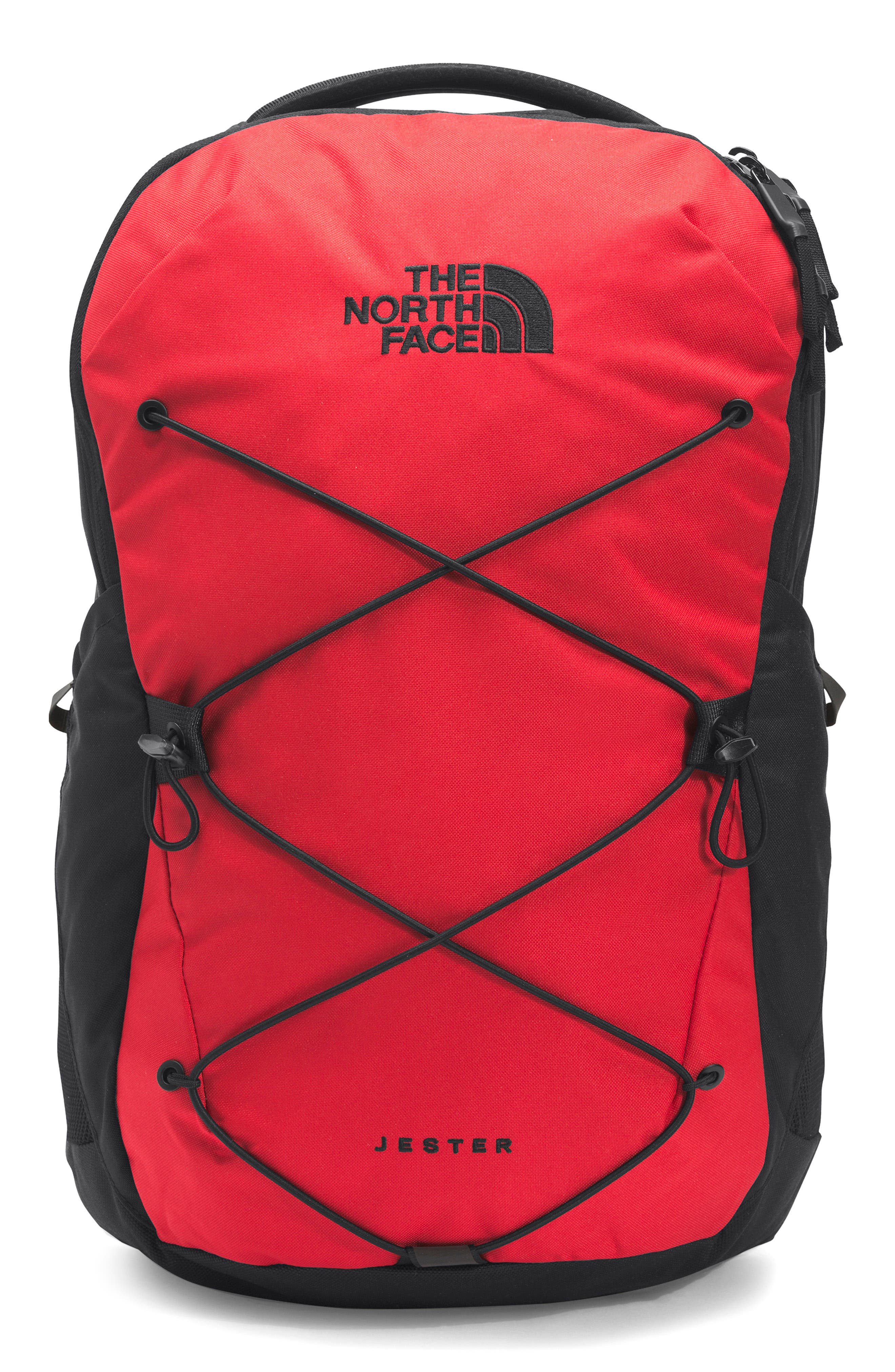 black north face backpack with blue strings