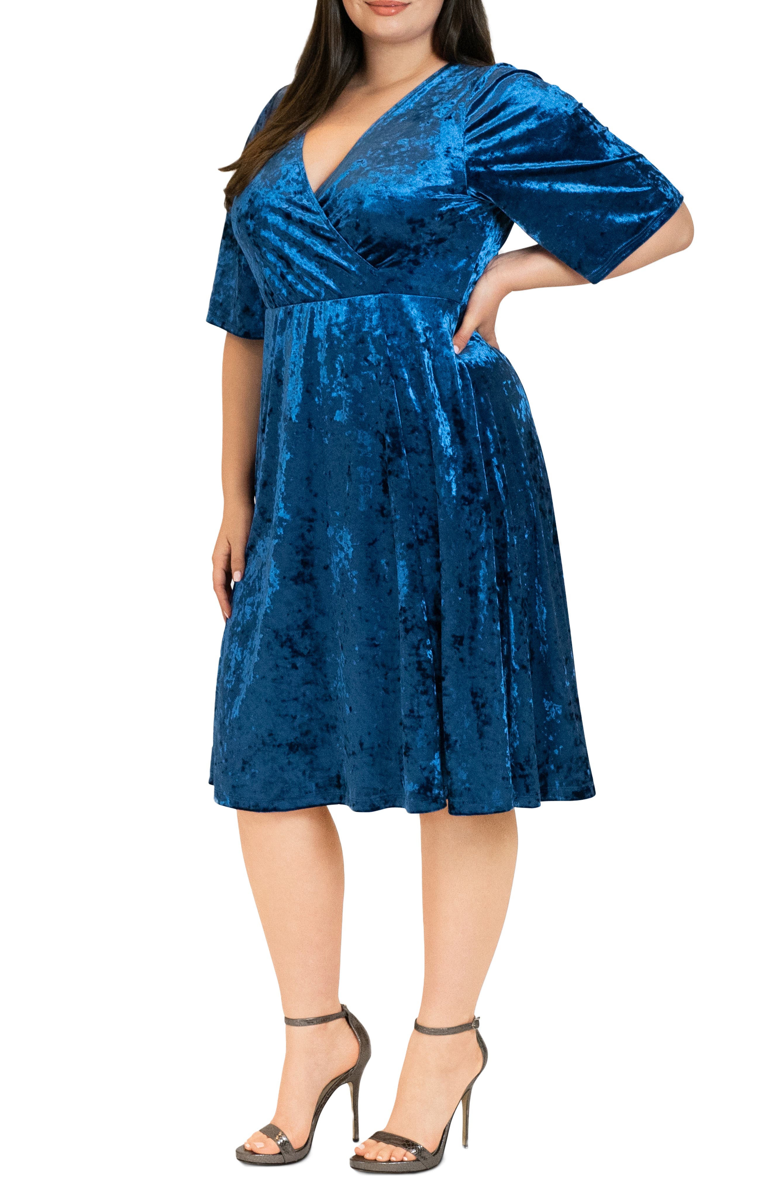 velvet flutter sleeve midi dress