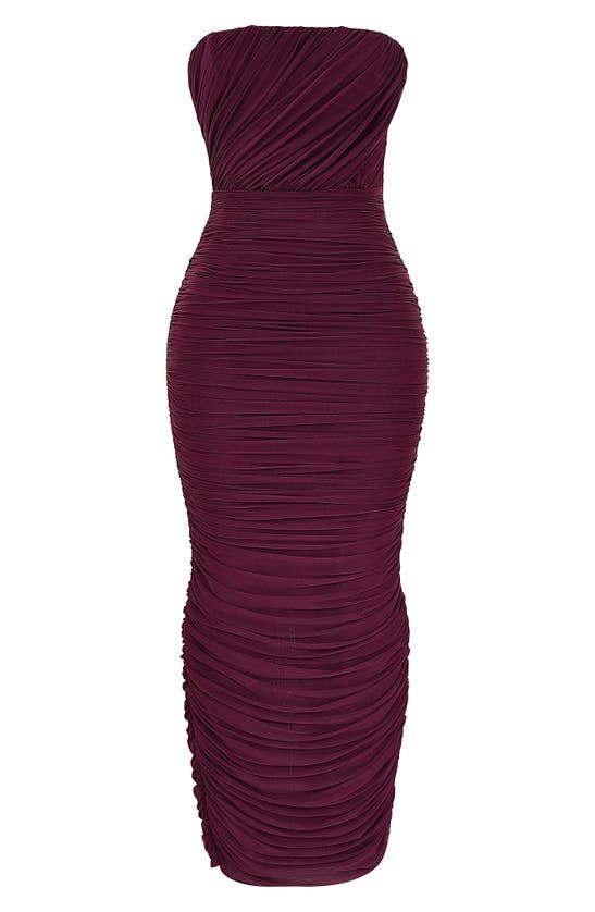 Shop House Of Cb Gradient Color Strapless Ruched Mesh Gown In Windsor Wine