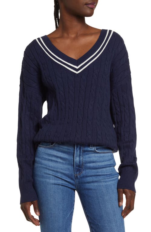 Treasure & Bond Varsity V-Neck Sweater in Navy Blazer- Ivory Combo