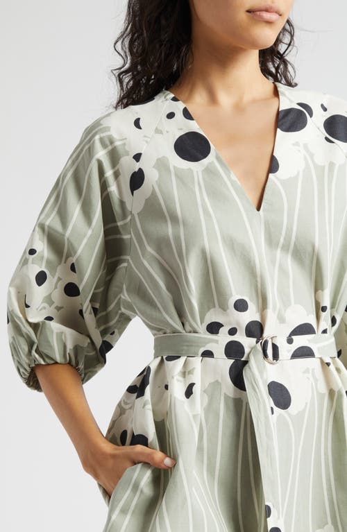 Shop Marimekko Aiva Lammet Belted Midi Dress In Greyish Green White Dk Grey