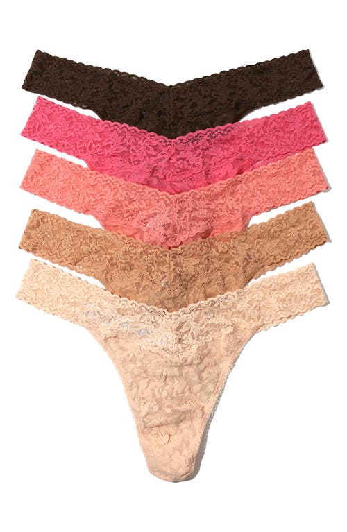 Hanky Panky Assorted 5-Pack Lace Original Rise Thongs in Dutch Chocolate/guava/ballet P