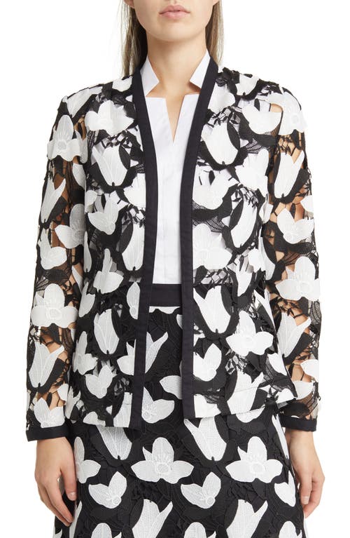 Ming Wang Floral Lace Open Front Jacket in Black/White