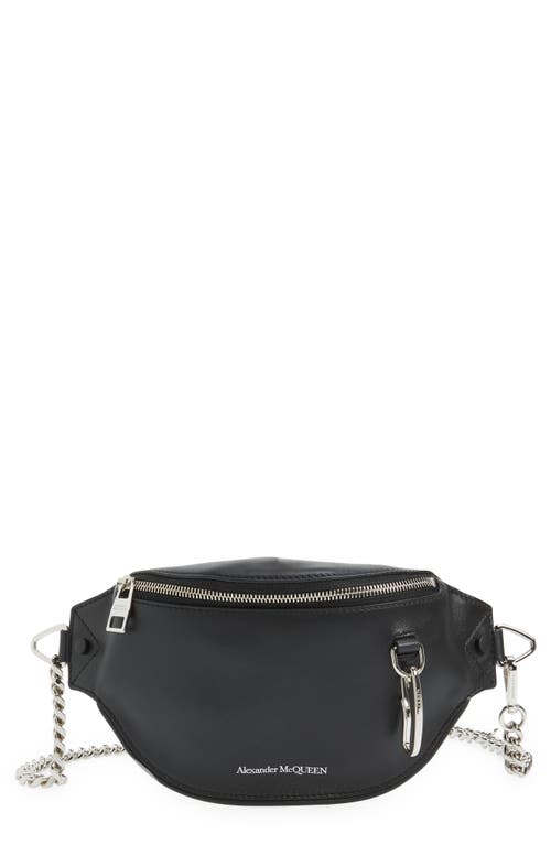 Chain Strap Leather Belt Bag in Black