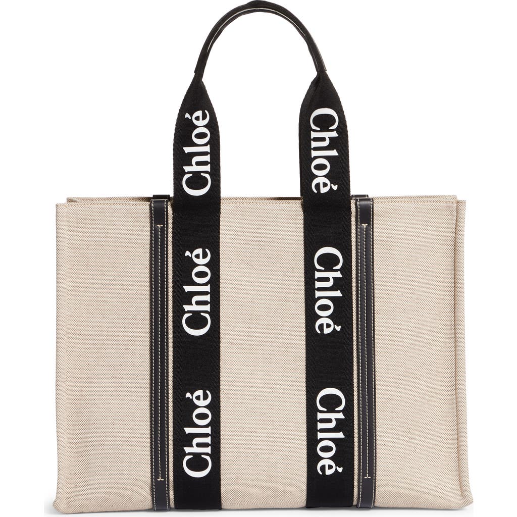 Chloé Large Woody Logo Strap Canvas Tote In Beige/black