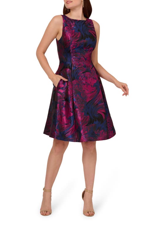 Adrianna Papell Floral Jacquard Back Cutout Cocktail Dress In Navy/orchid