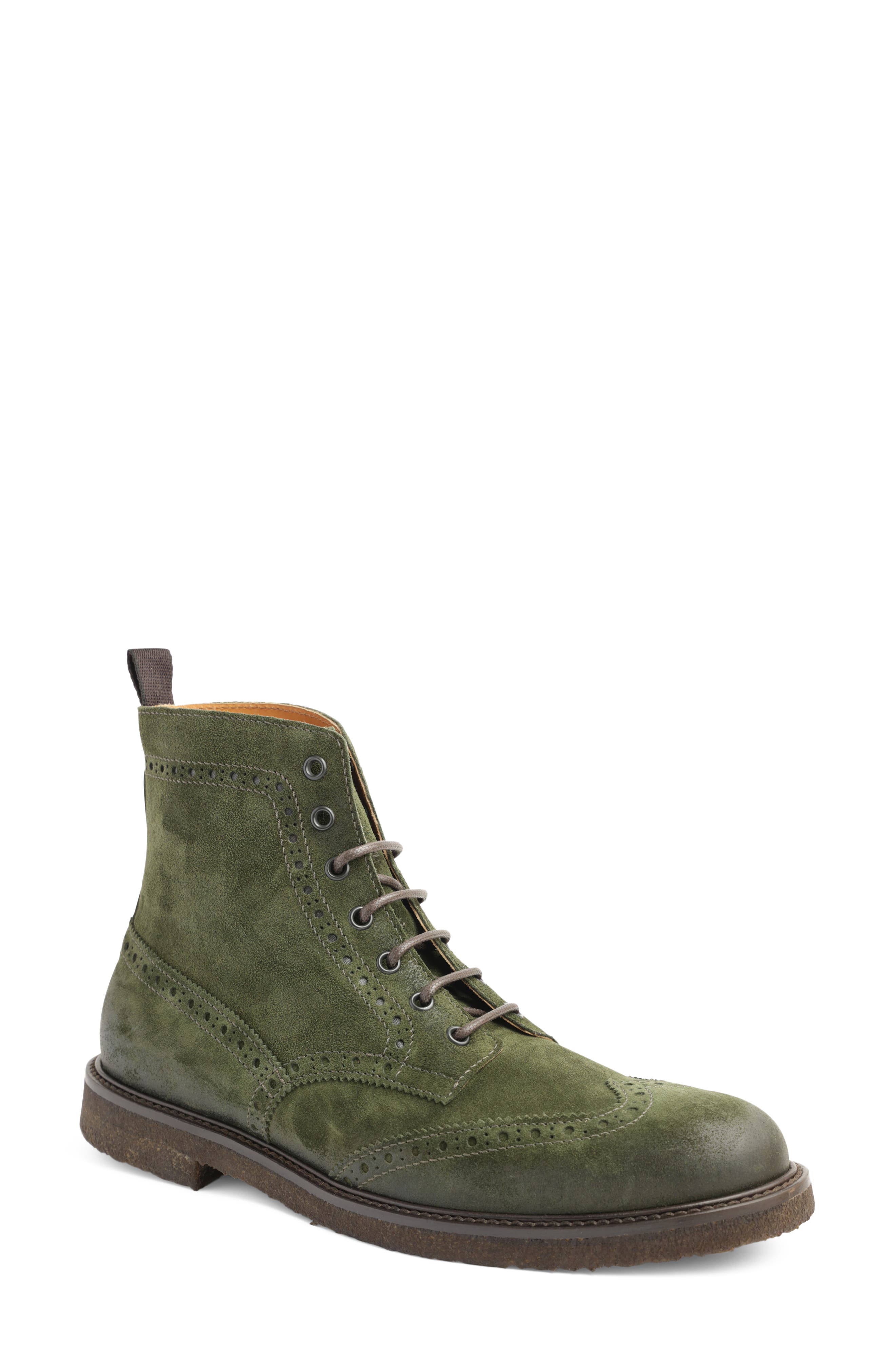 Bruno Magli Gleason Wingtip Derby Boot in Olive Suede Smart Closet