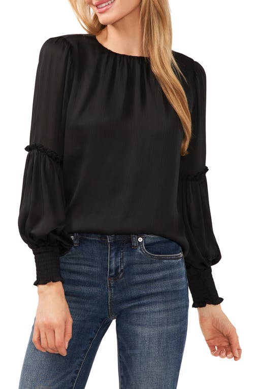 CeCe Crinkle Satin Long Sleeve Top in Rich Black at Nordstrom, Size Small