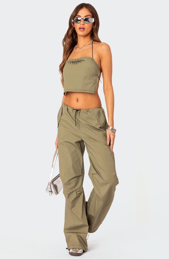 Shop Edikted Fey Embroidered Open Back Halter Top In Olive