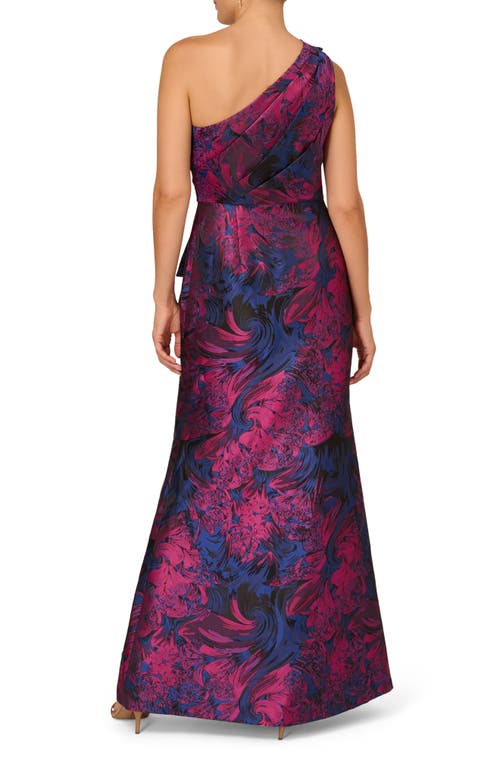 Adrianna Papell One-shoulder Jacquard Mermaid Gown In Navy/orchid