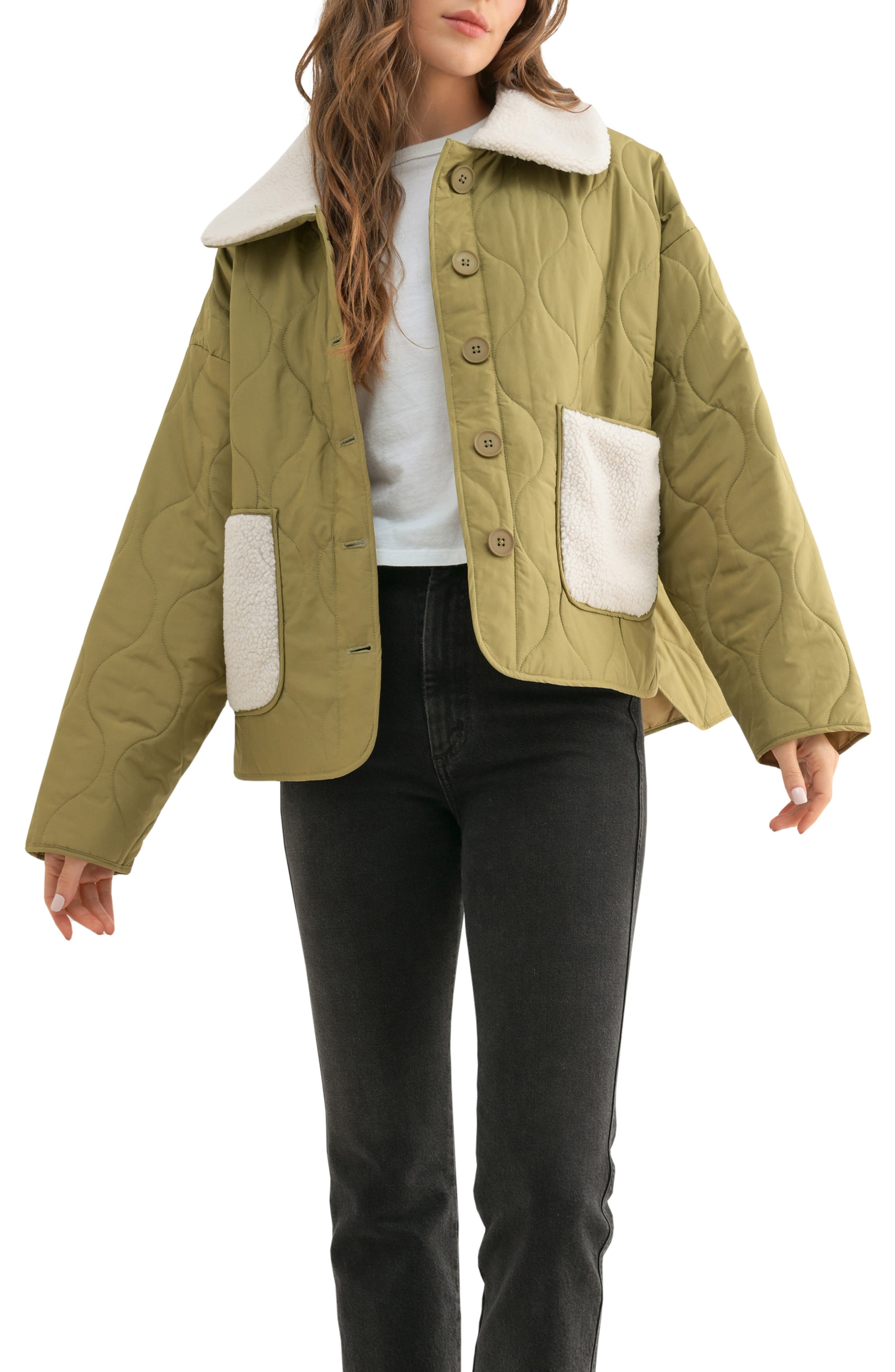 All in Favor High Pile Fleece Detail Quilted Jacket in Olive Cream 