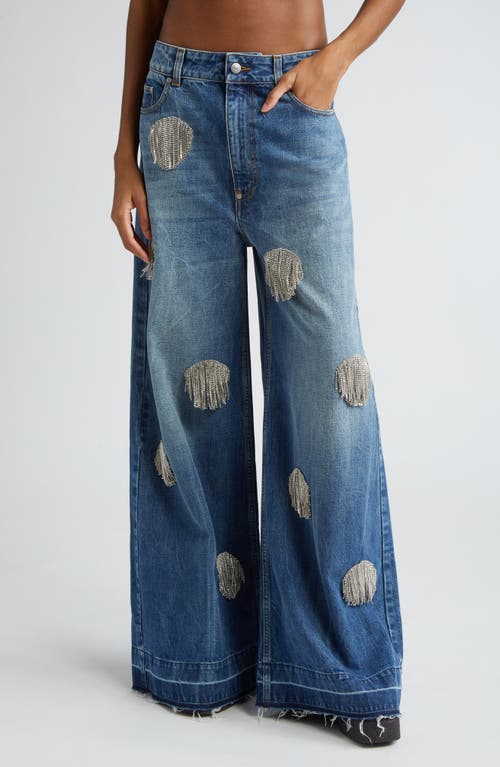Stella McCartney Crystal Fringe Dot Release Hem Flare Jeans in Mid Blue Vintage at Nordstrom, Size 32