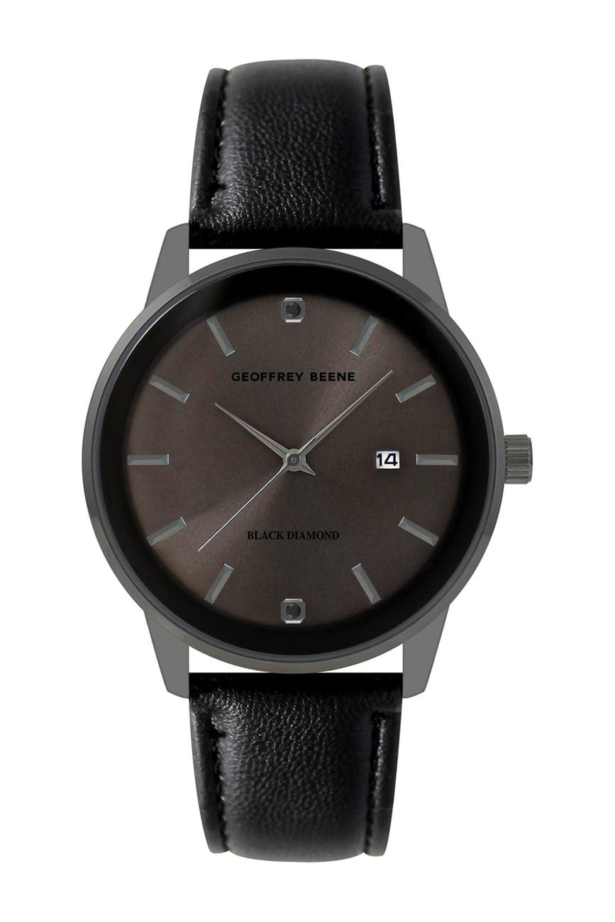 Geoffrey Beene Men's Black Diamond Leather Strap Watch, 40mm 0.02